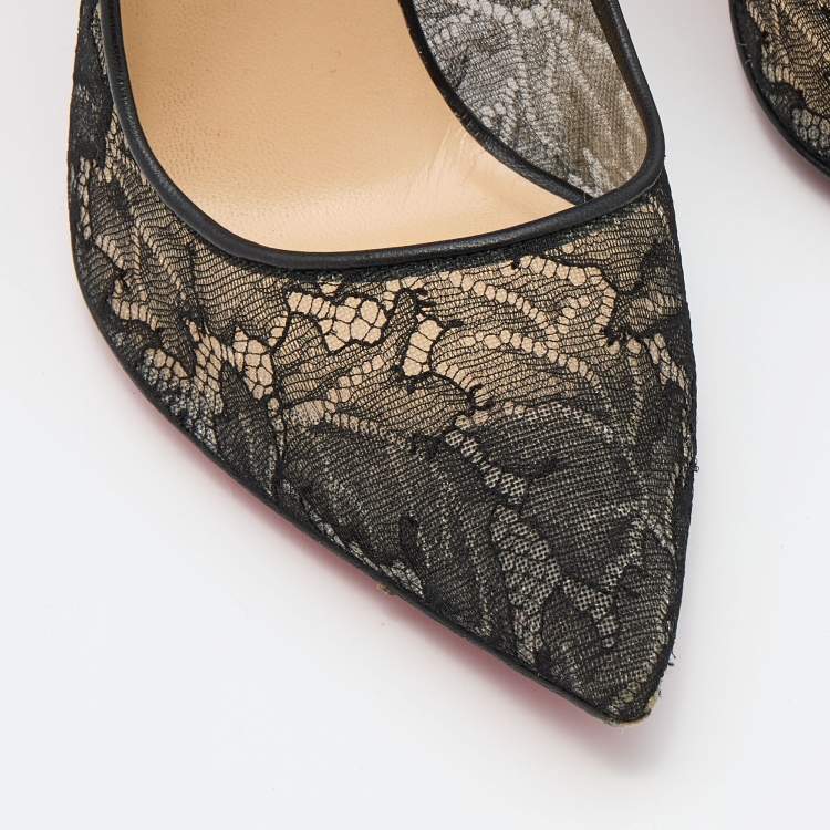 Pre Owned Christian Louboutin Black Lace and Leather Follies Pointed Toe Pumps Size 37.5