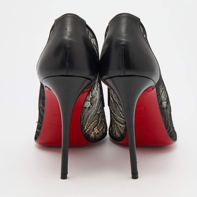Pre Owned Christian Louboutin Black Lace and Leather Follies Pointed Toe Pumps Size 37.5