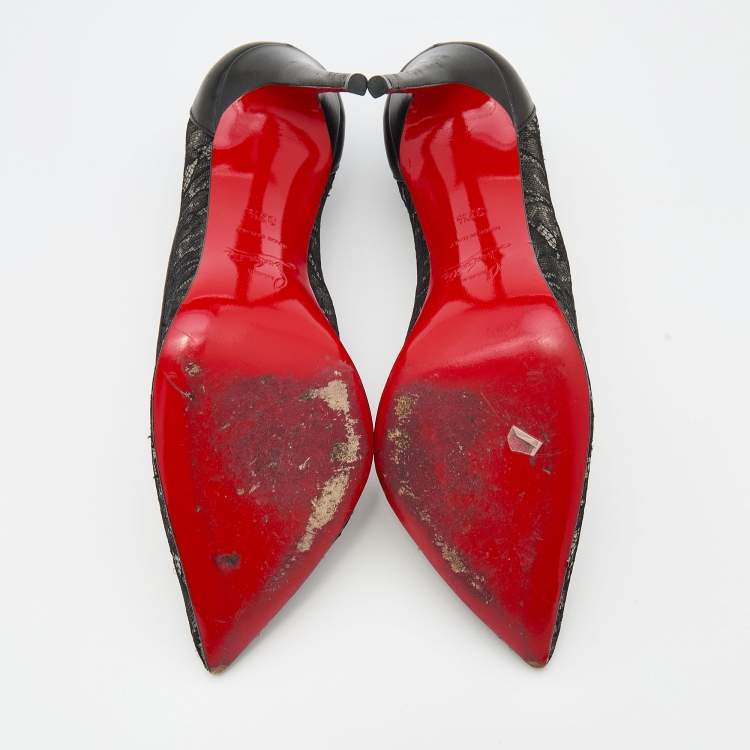 Pre Owned Christian Louboutin Black Lace and Leather Follies Pointed Toe Pumps Size 37.5