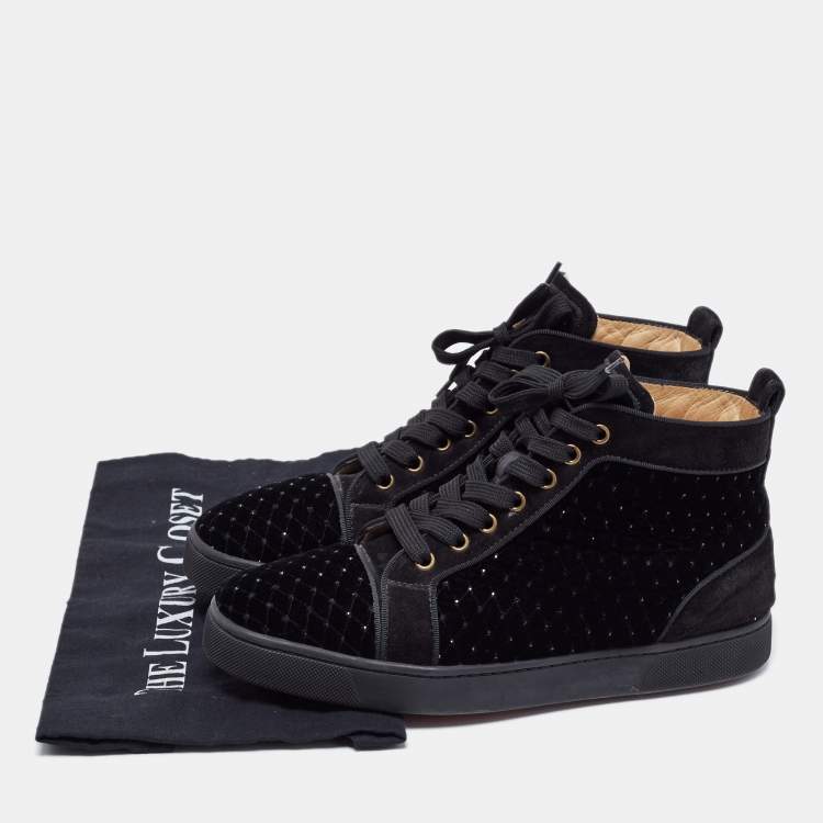 Pre Owned Christian Louboutin Black Studded Velvet and Suede Louis Orlato High Top Sneakers Size 39.5