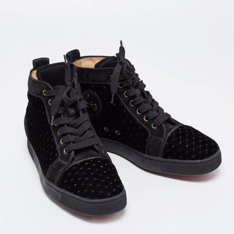 Pre Owned Christian Louboutin Black Studded Velvet and Suede Louis Orlato High Top Sneakers Size 39.5