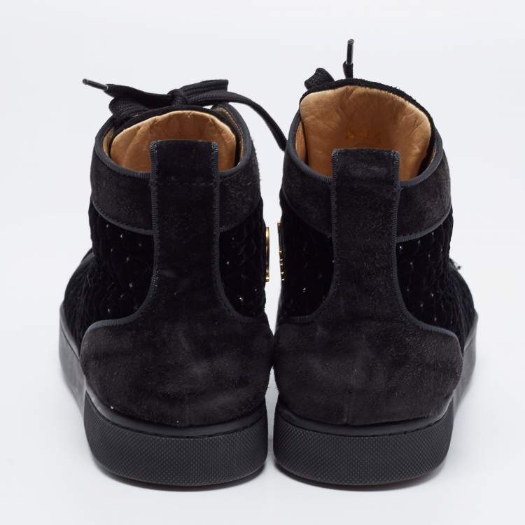 Pre Owned Christian Louboutin Black Studded Velvet and Suede Louis Orlato High Top Sneakers Size 39.5