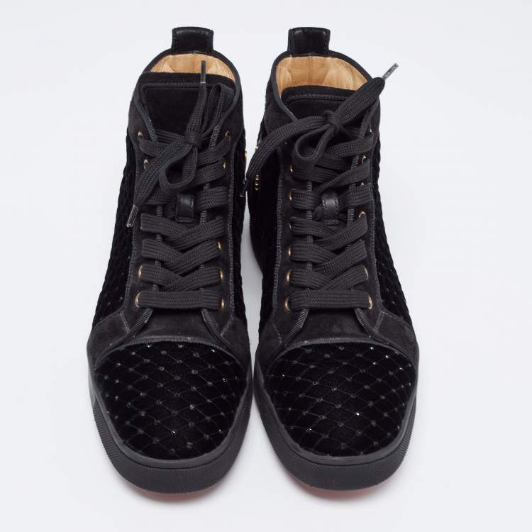 Pre Owned Christian Louboutin Black Studded Velvet and Suede Louis Orlato High Top Sneakers Size 39.5