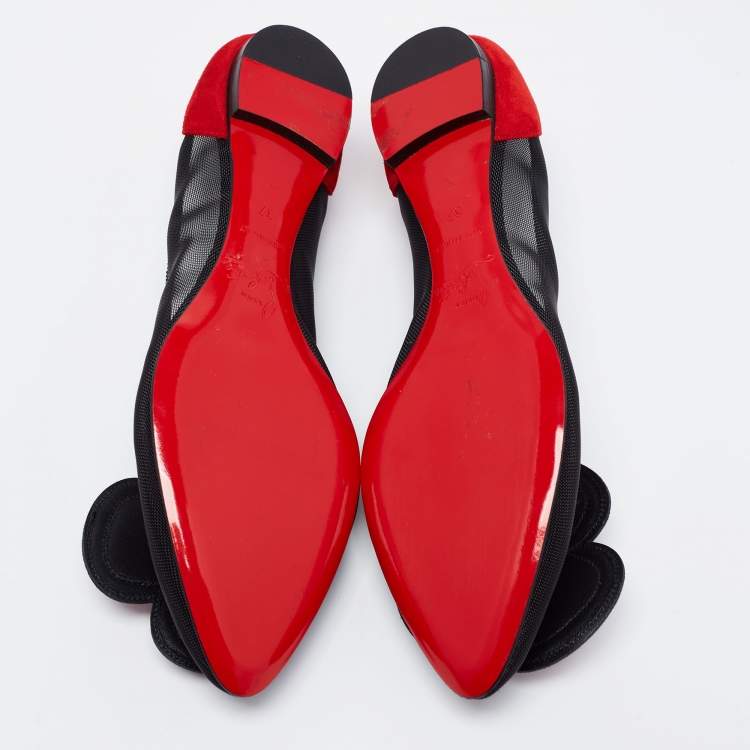 مملوكة مسبقًا Christian Louboutin Black/Red Mesh and Suede Pansy Town Ballet Flats Size 37