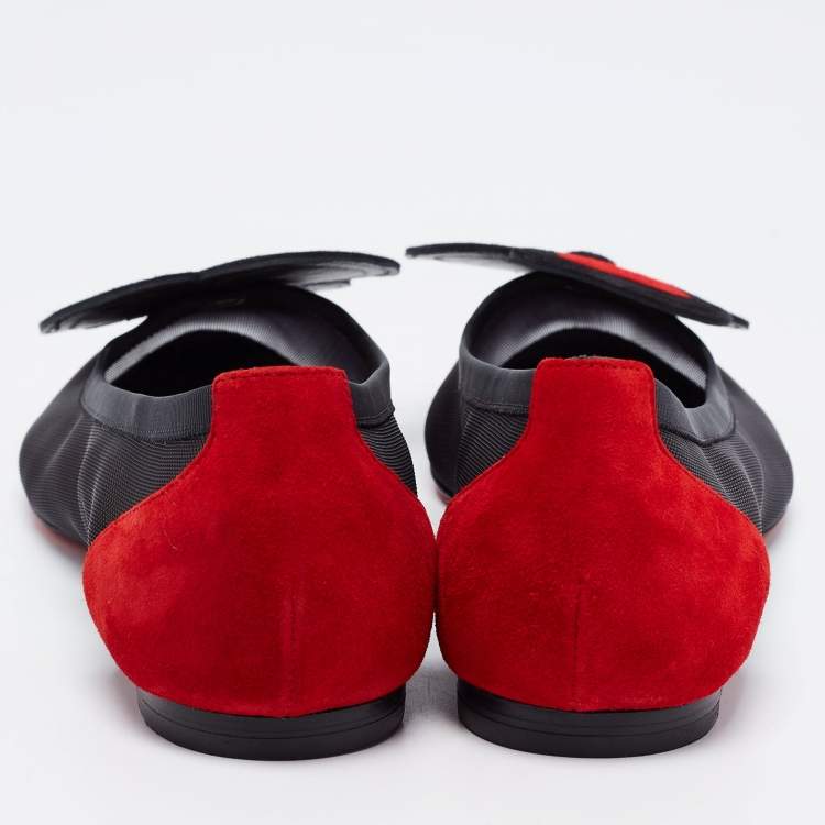 مملوكة مسبقًا Christian Louboutin Black/Red Mesh and Suede Pansy Town Ballet Flats Size 37
