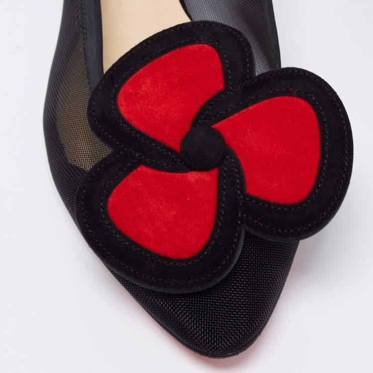 مملوكة مسبقًا Christian Louboutin Black/Red Mesh and Suede Pansy Town Ballet Flats Size 37