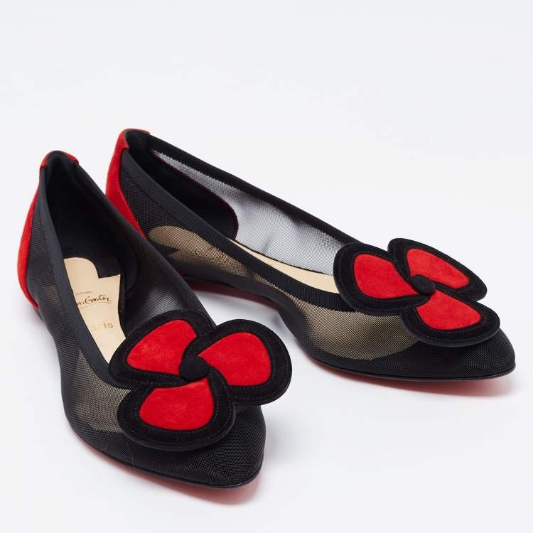 مملوكة مسبقًا Christian Louboutin Black/Red Mesh and Suede Pansy Town Ballet Flats Size 37