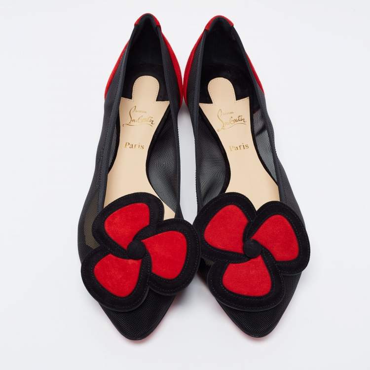 مملوكة مسبقًا Christian Louboutin Black/Red Mesh and Suede Pansy Town Ballet Flats Size 37