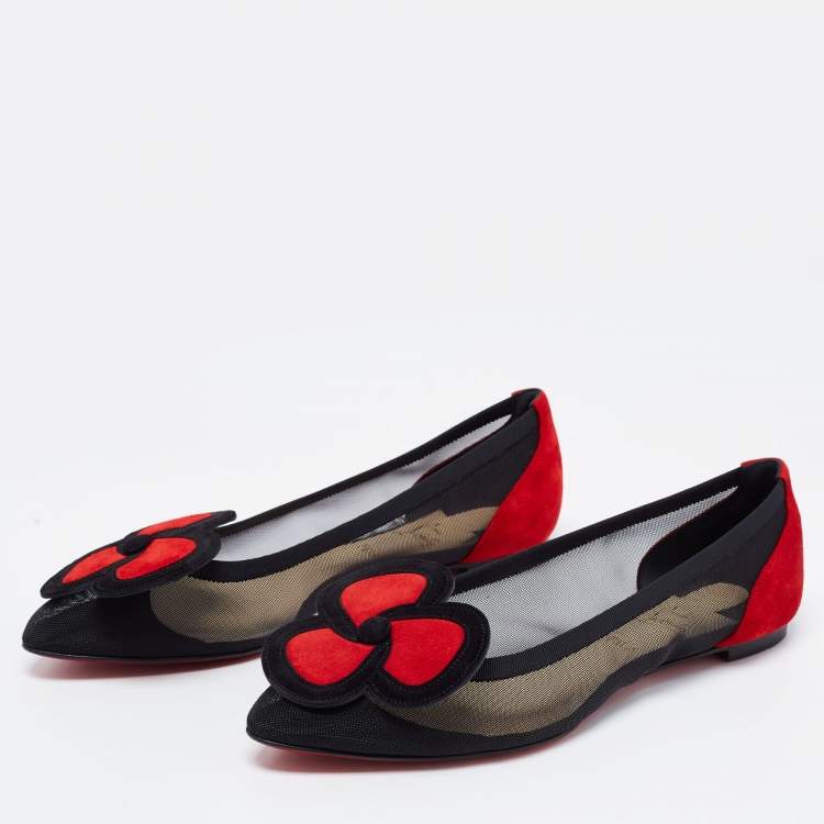 مملوكة مسبقًا Christian Louboutin Black/Red Mesh and Suede Pansy Town Ballet Flats Size 37