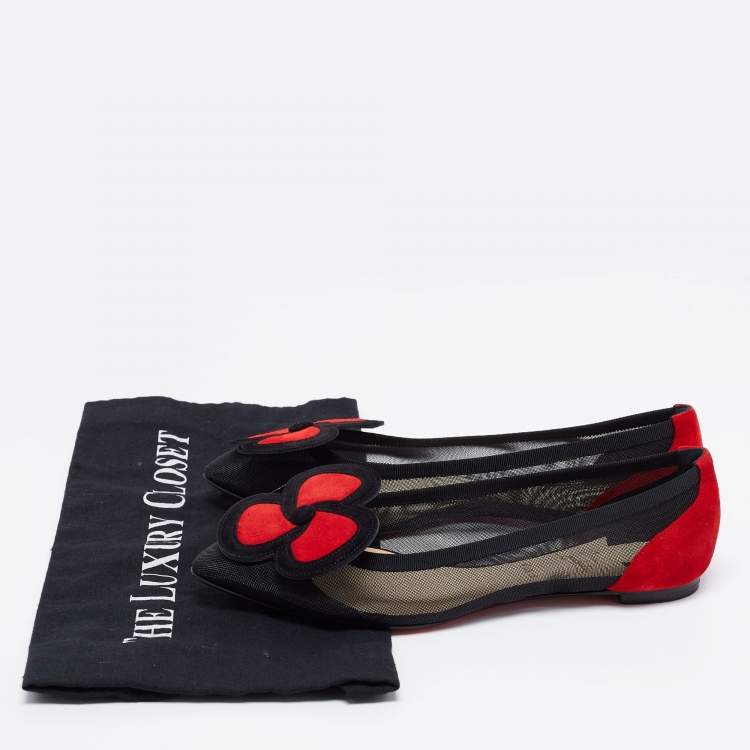 مملوكة مسبقًا Christian Louboutin Black/Red Mesh and Suede Pansy Town Ballet Flats Size 37