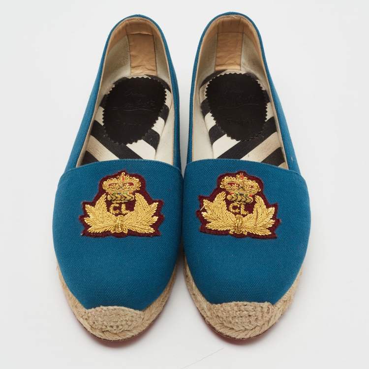 Pre Owned Christian Louboutin Blue Canvas Gala Embroidered Crest Flat Espadrilles Size 38