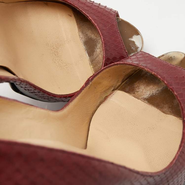 Pre Owned Christian Louboutin Burgundy Python Leather Lady Peep Toe Pumps Size 38