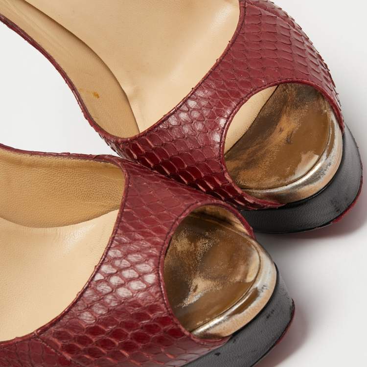 Pre Owned Christian Louboutin Burgundy Python Leather Lady Peep Toe Pumps Size 38