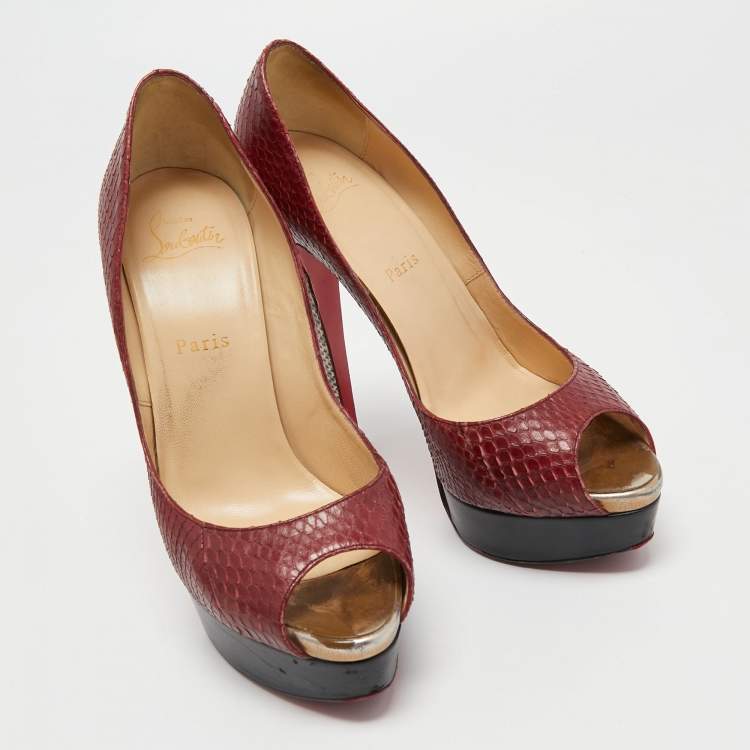 Pre Owned Christian Louboutin Burgundy Python Leather Lady Peep Toe Pumps Size 38