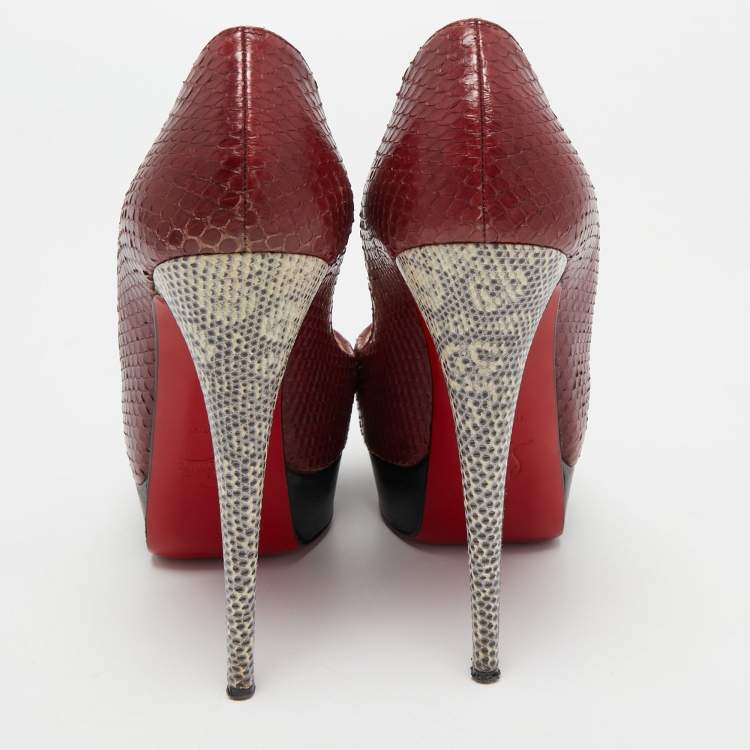 Pre Owned Christian Louboutin Burgundy Python Leather Lady Peep Toe Pumps Size 38