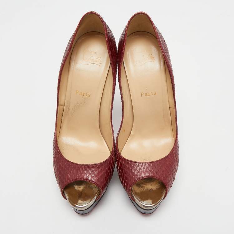 Pre Owned Christian Louboutin Burgundy Python Leather Lady Peep Toe Pumps Size 38