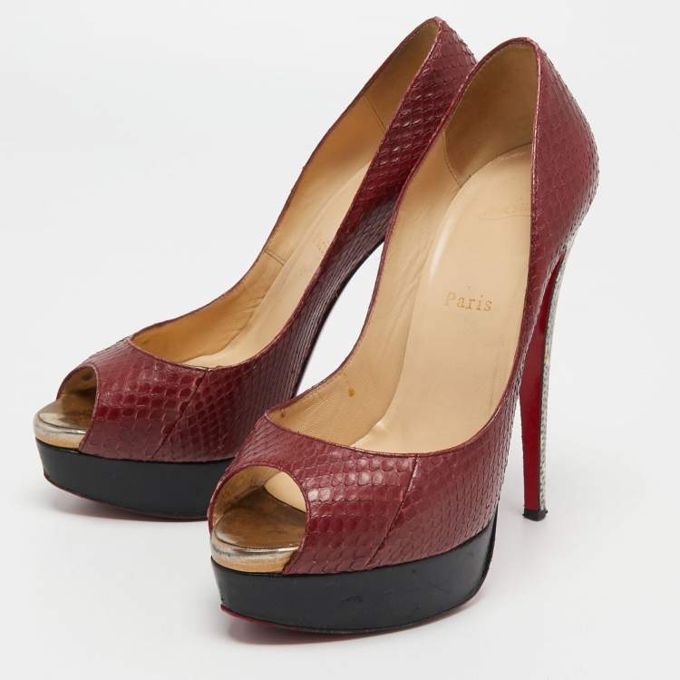Pre Owned Christian Louboutin Burgundy Python Leather Lady Peep Toe Pumps Size 38