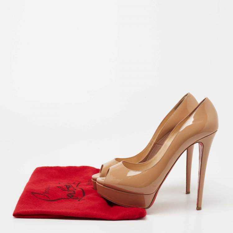 Pre Owned Christian Louboutin Beige Patent Leather Lady Peep Pumps Size 40.5