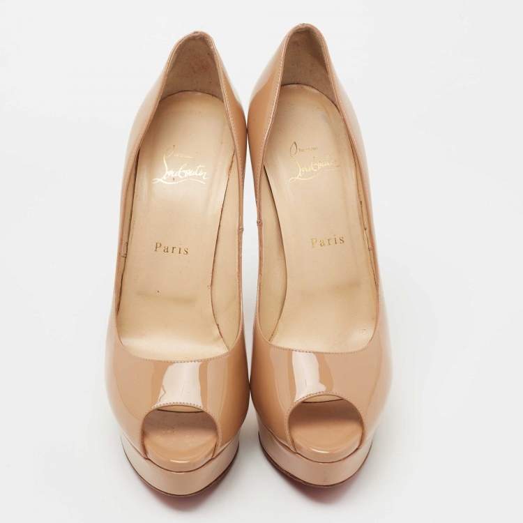 Pre Owned Christian Louboutin Beige Patent Leather Lady Peep Pumps Size 40.5