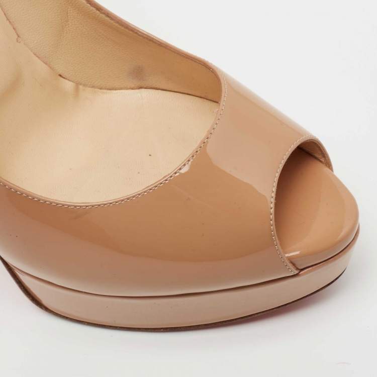 Pre Owned Christian Louboutin Beige Patent Leather Lady Peep Pumps Size 40.5