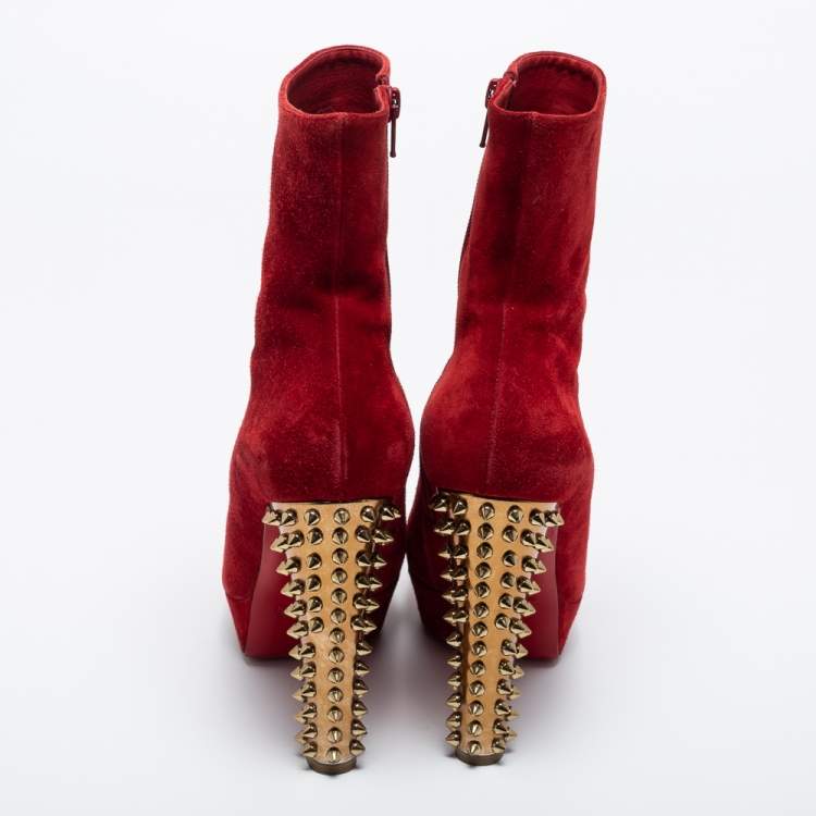 Pre Owned Christian Louboutin Red Suede Taclou Ankle Booties Size 38