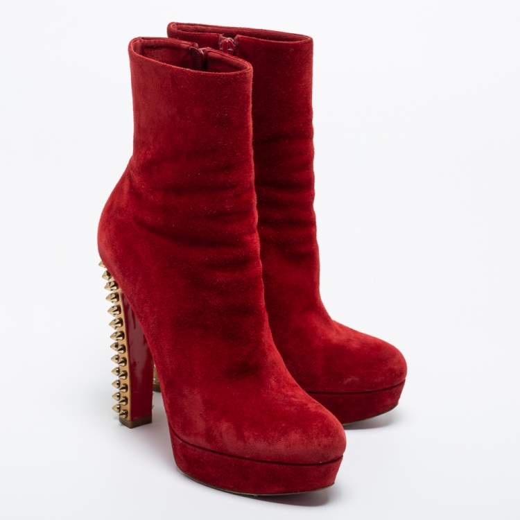 Pre Owned Christian Louboutin Red Suede Taclou Ankle Booties Size 38