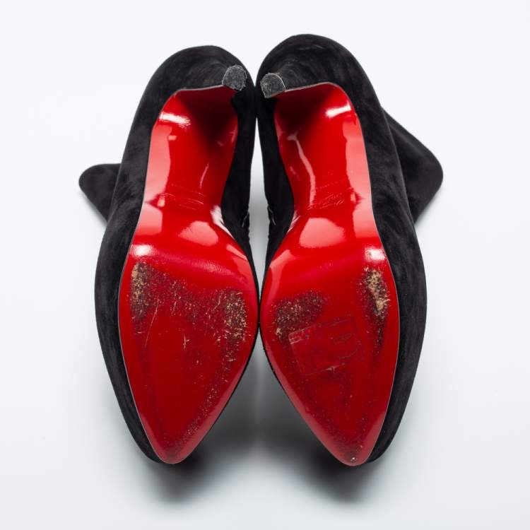 Pre Owned Christian Louboutin Black Suede Platform  Ankle Boots Size 38