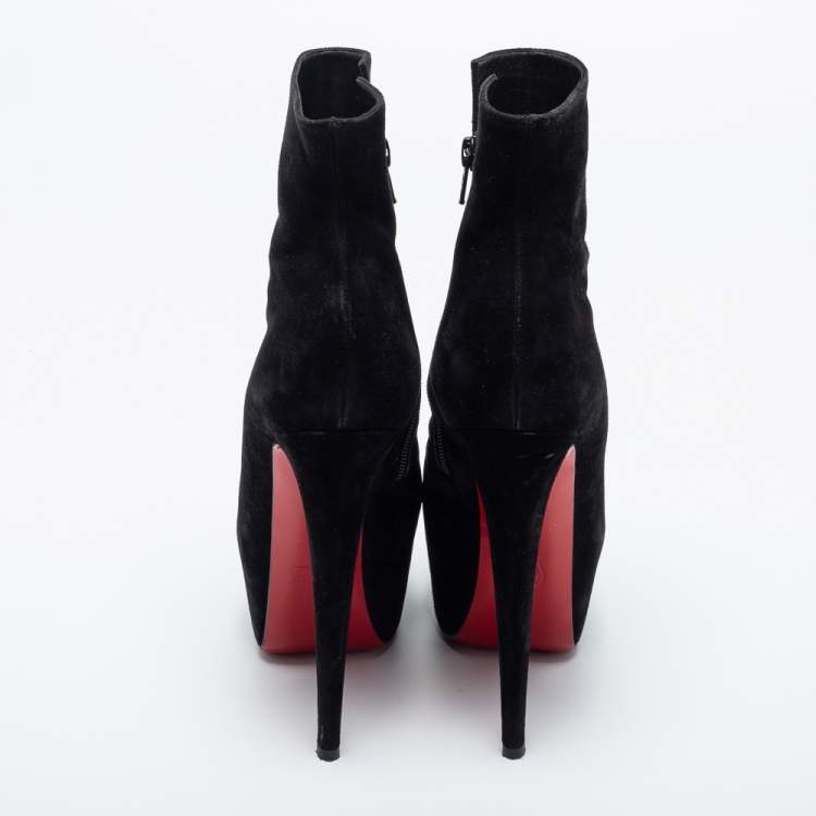 Pre Owned Christian Louboutin Black Suede Platform  Ankle Boots Size 38