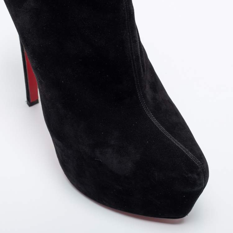 Pre Owned Christian Louboutin Black Suede Platform  Ankle Boots Size 38