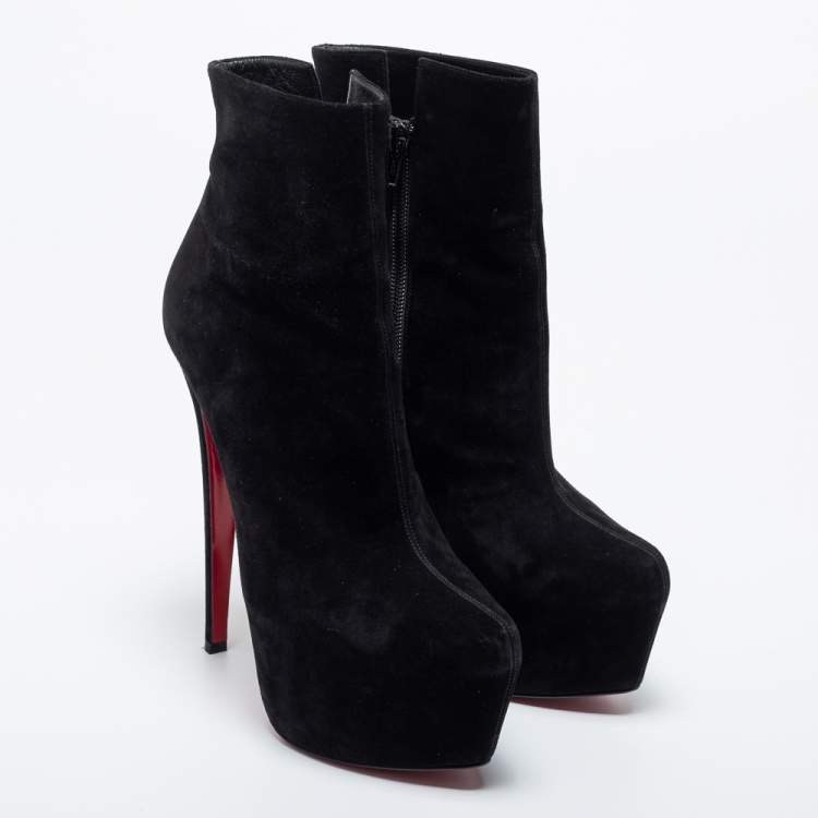 Pre Owned Christian Louboutin Black Suede Platform  Ankle Boots Size 38
