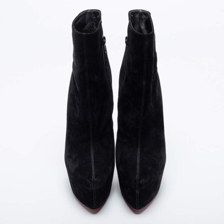 Pre Owned Christian Louboutin Black Suede Platform  Ankle Boots Size 38