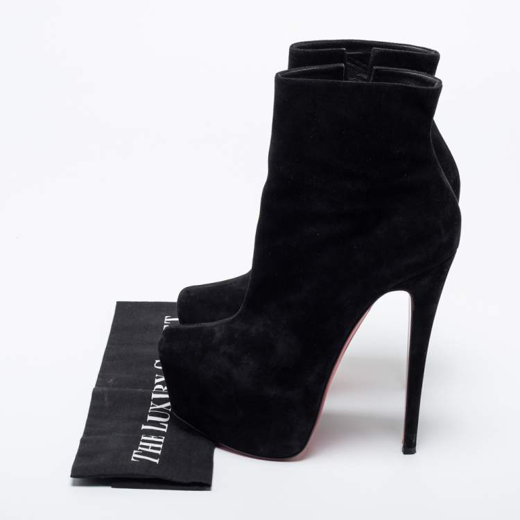 Pre Owned Christian Louboutin Black Suede Platform  Ankle Boots Size 38