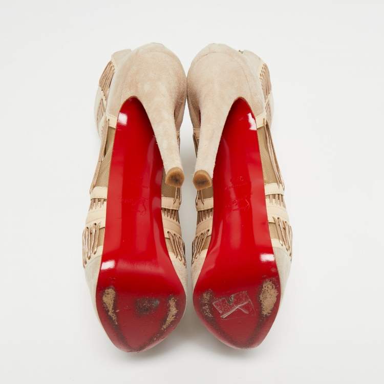 Pre Owned Christian Louboutin Beige Suede and Leather Stitch Me Ankle Booties Size 37.5 