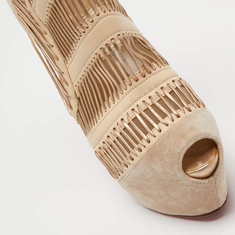 Pre Owned Christian Louboutin Beige Suede and Leather Stitch Me Ankle Booties Size 37.5 