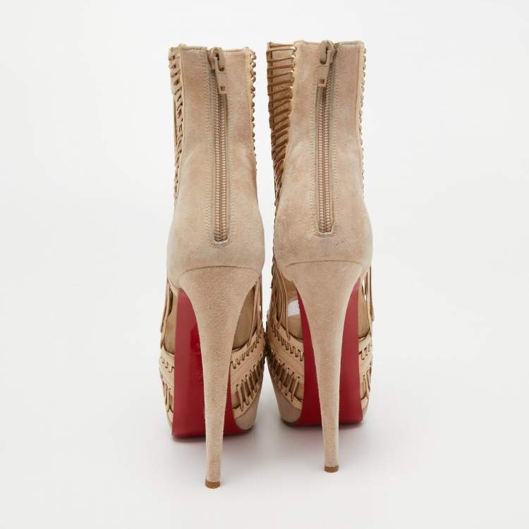 Pre Owned Christian Louboutin Beige Suede and Leather Stitch Me Ankle Booties Size 37.5 