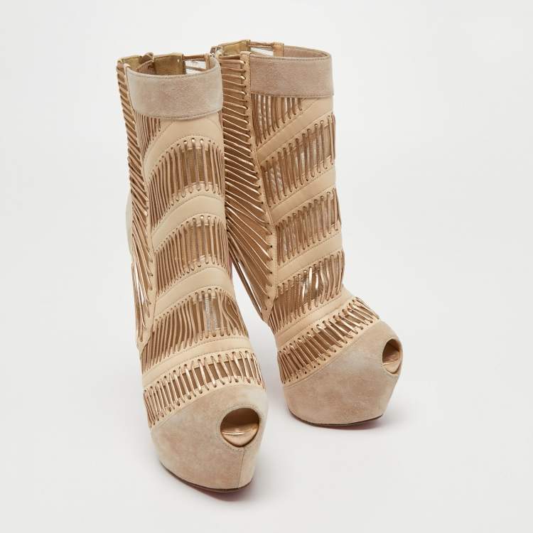 Pre Owned Christian Louboutin Beige Suede and Leather Stitch Me Ankle Booties Size 37.5 