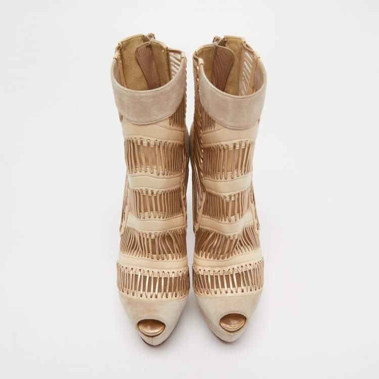 Pre Owned Christian Louboutin Beige Suede and Leather Stitch Me Ankle Booties Size 37.5 