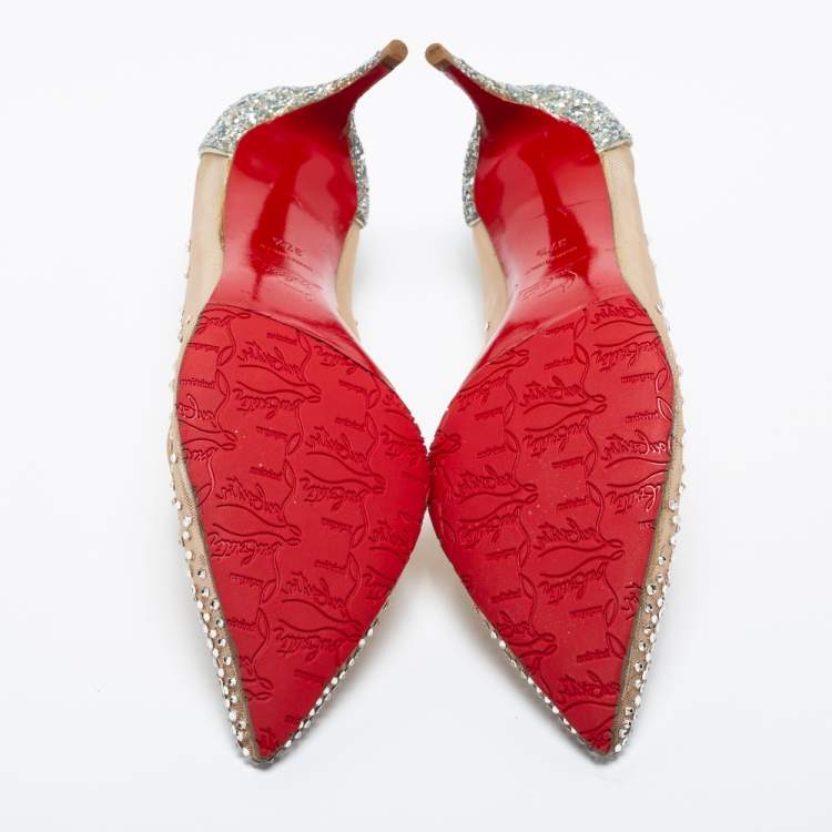 Pre Owned Christian Louboutin Beige/Silver Mesh and Glitter Follies Strass Pumps Size 37.5