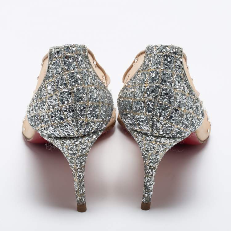 Pre Owned Christian Louboutin Beige/Silver Mesh and Glitter Follies Strass Pumps Size 37.5