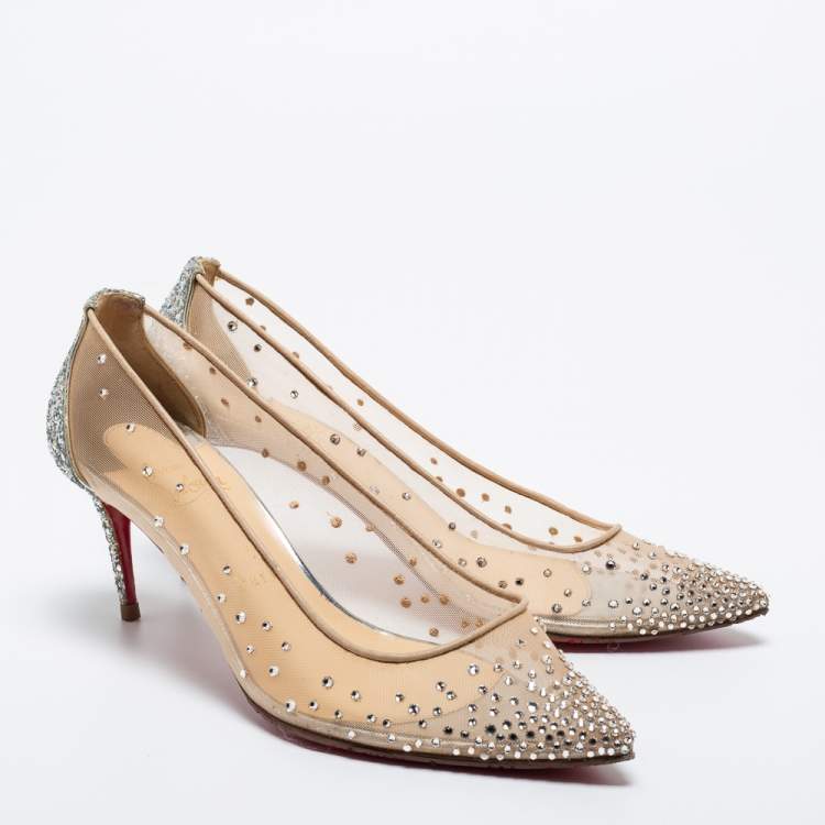 Pre Owned Christian Louboutin Beige/Silver Mesh and Glitter Follies Strass Pumps Size 37.5