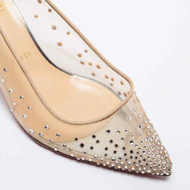 Pre Owned Christian Louboutin Beige/Silver Mesh and Glitter Follies Strass Pumps Size 37.5