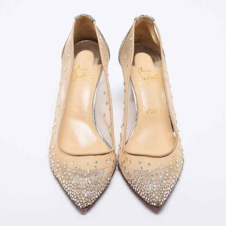 Pre Owned Christian Louboutin Beige/Silver Mesh and Glitter Follies Strass Pumps Size 37.5