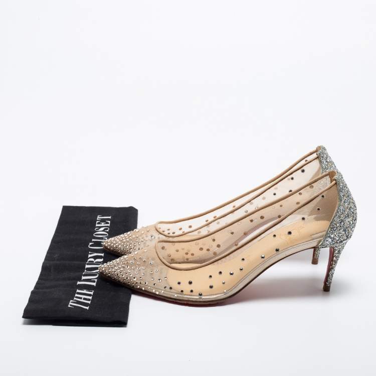 Pre Owned Christian Louboutin Beige/Silver Mesh and Glitter Follies Strass Pumps Size 37.5