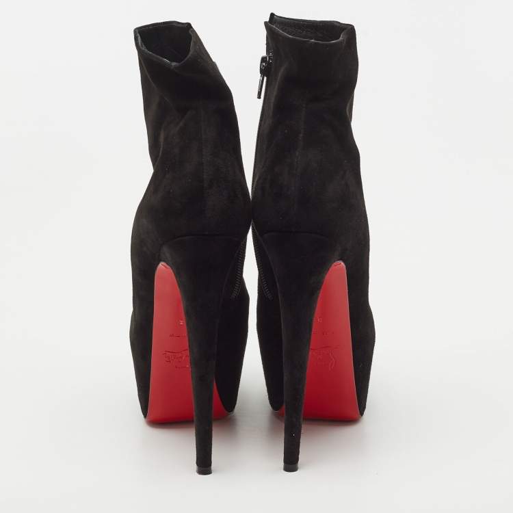 Pre Owned Christian Louboutin Black Suede Platform Ankle Length Boots Size 38
