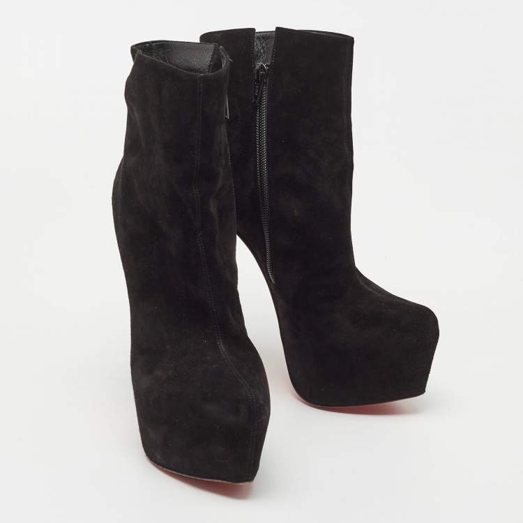 Pre Owned Christian Louboutin Black Suede Platform Ankle Length Boots Size 38