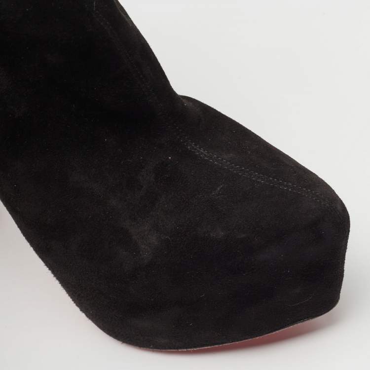 Pre Owned Christian Louboutin Black Suede Platform Ankle Length Boots Size 38