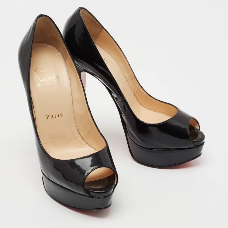 Pre Owned Christian Louboutin Black Patent Leather Very Prive Peep Toe Platform Pumps Size 37