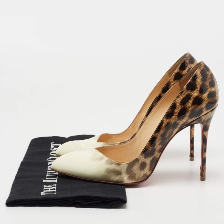 Pre Owned Christian Louboutin Cream/Brown Leopard Print Patent Leather Corneille Pumps Size 37