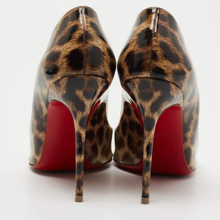 Pre Owned Christian Louboutin Cream/Brown Leopard Print Patent Leather Corneille Pumps Size 37