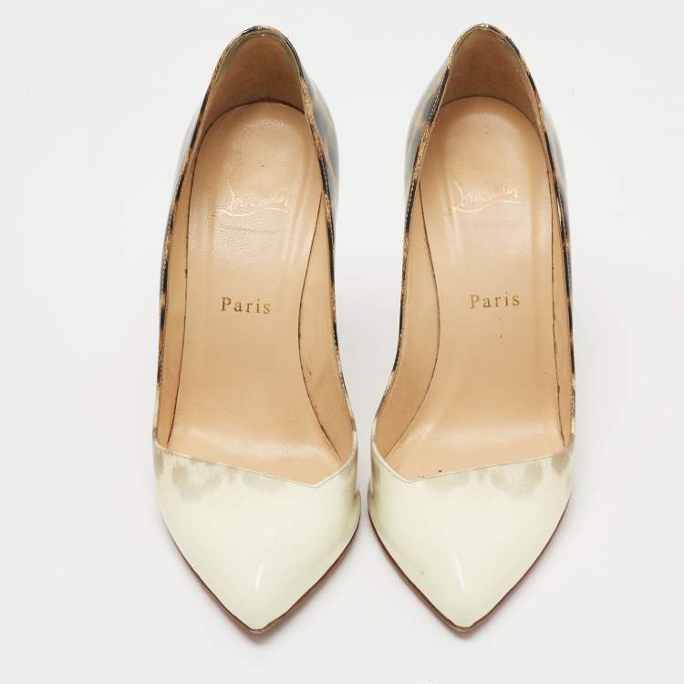 Pre Owned Christian Louboutin Cream/Brown Leopard Print Patent Leather Corneille Pumps Size 37